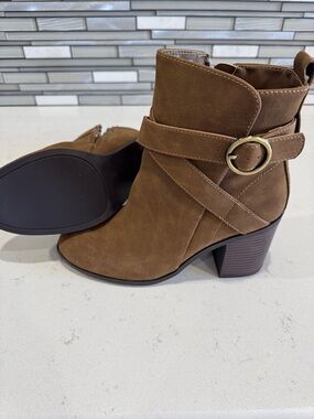 Women's Tan Suede Ankle Boots with Decorative Buckle